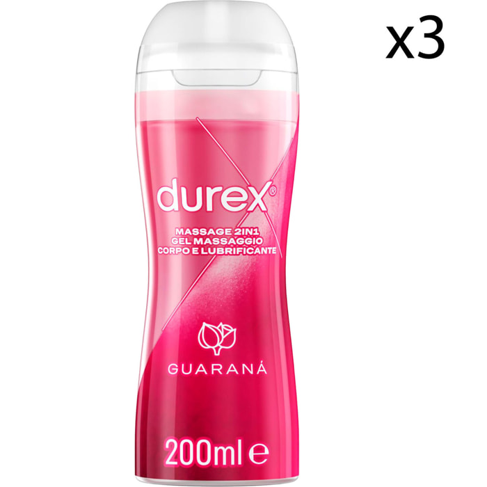 3x Durex Massage 2in1 Gel Massaggio Corpo e Lubrificante Intimo con Guaranà - 3 Flaconi da 200ml