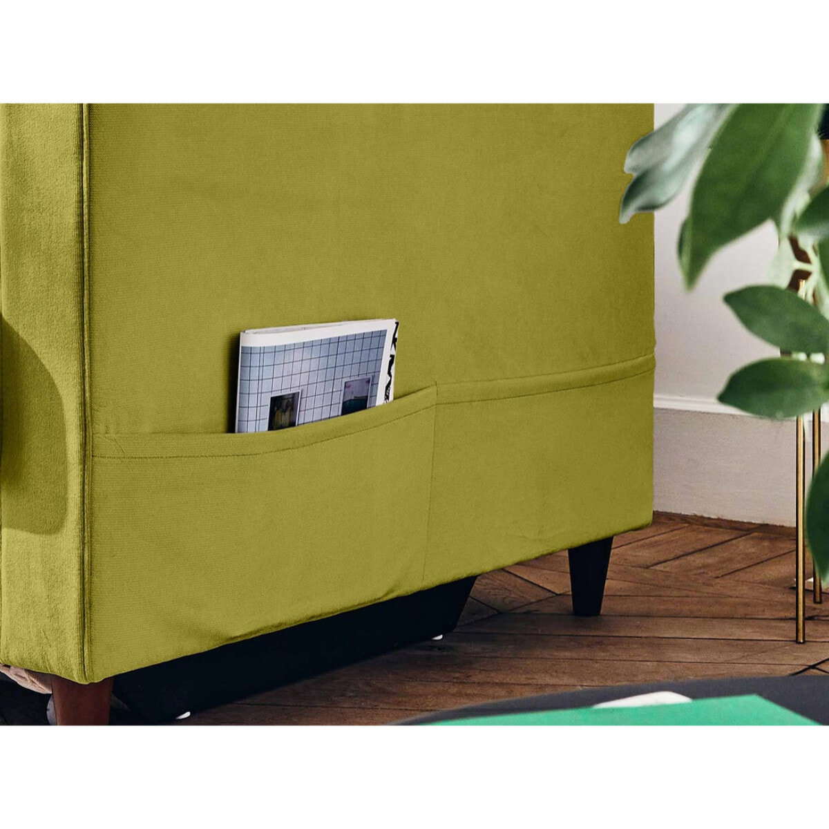 Anna - canapé droit 3 places convertible avec poche en velours - Vert Olive