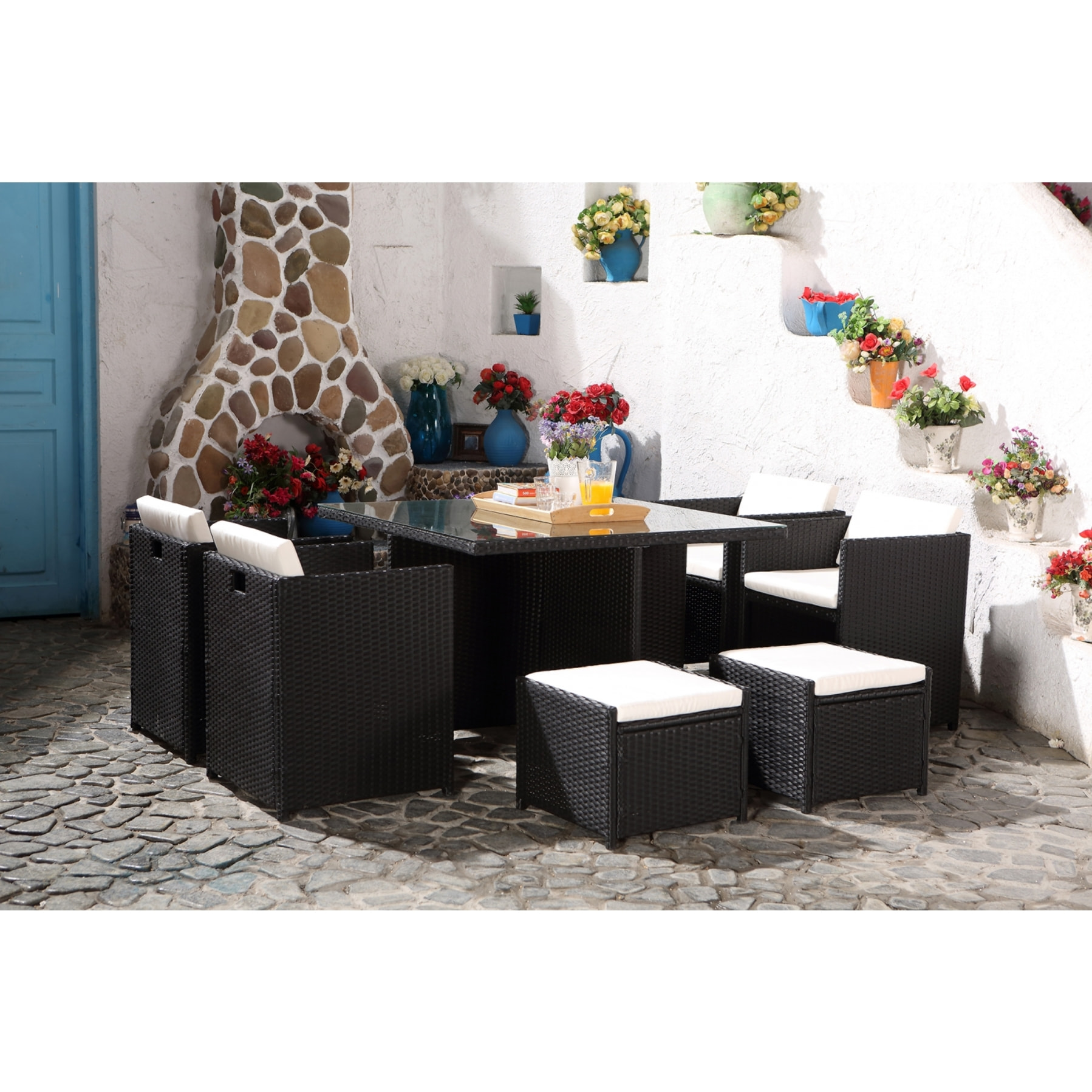Salon de jardin 8 places noir-blanc + housse de protection REGINA