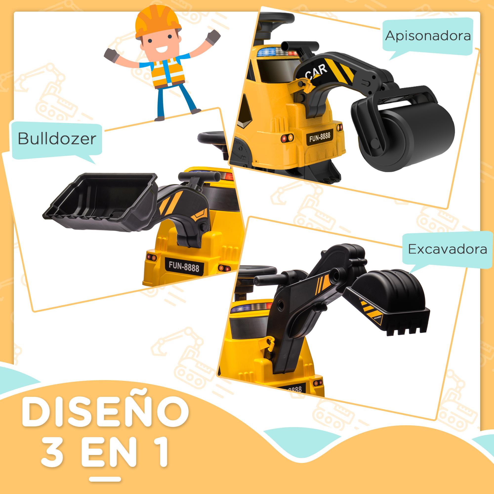 Tractor Excavadora Eléctrica para Niños de Meses Vehículo Infantil 3 en 1 con Batería 6V Pala y Apisonadora Carga 25 kg 100x43x48,5 cm Negro y Amarillo