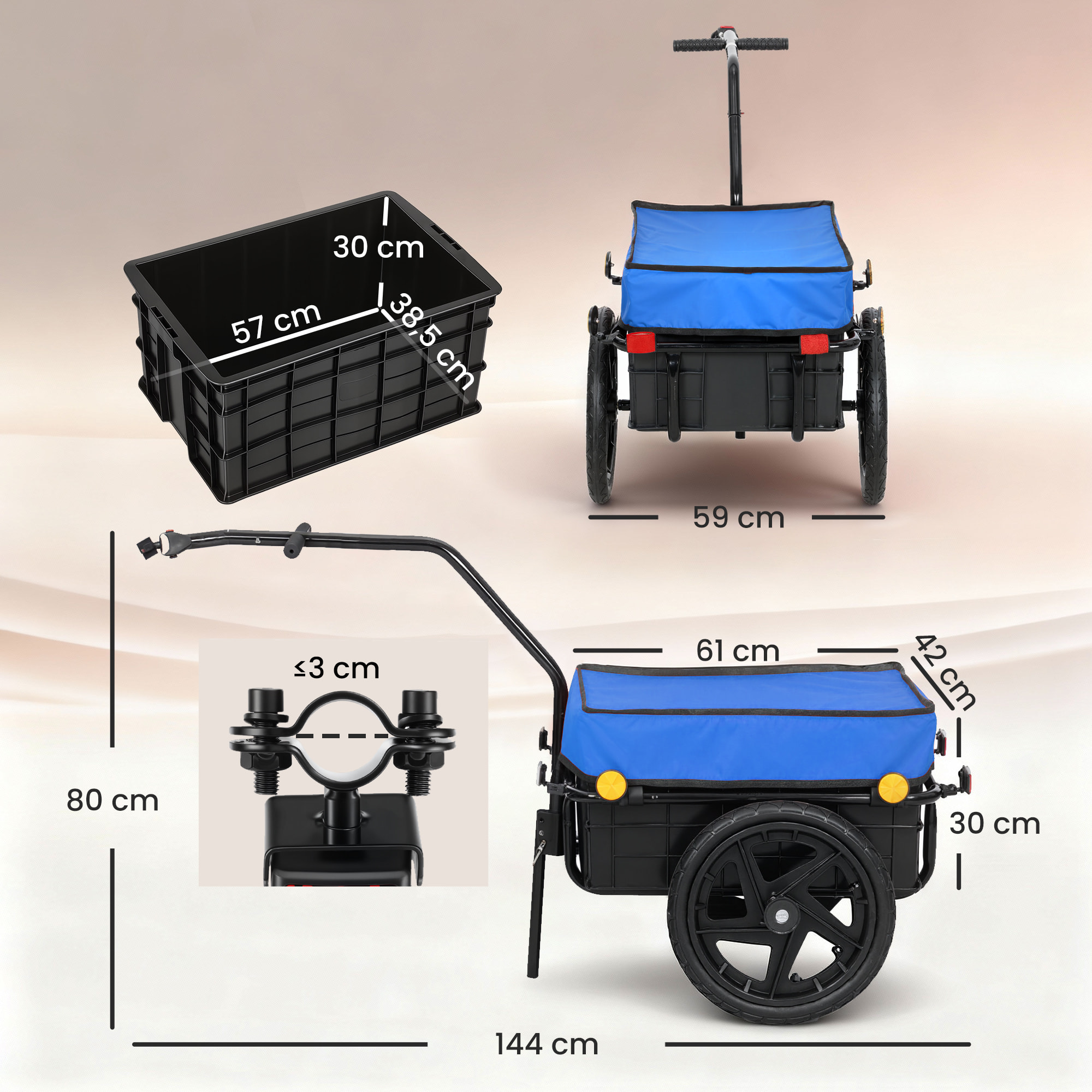 Remolque de Bicicleta para Carga 40 kg, Carro de Mano con Cubierta de Tela Oxford Impermeable, Reflectores, Marco de Acero y Asas para Transporte de Equipaje, 144x59x80 cm, Azul