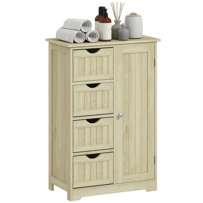 Armario de Baño, Columna de Baño Estrecha con 4 Cajones y Estante Ajustable, Estilo Moderno, para Espacios Pequeños, 56x30x83 cm, Madera Natural