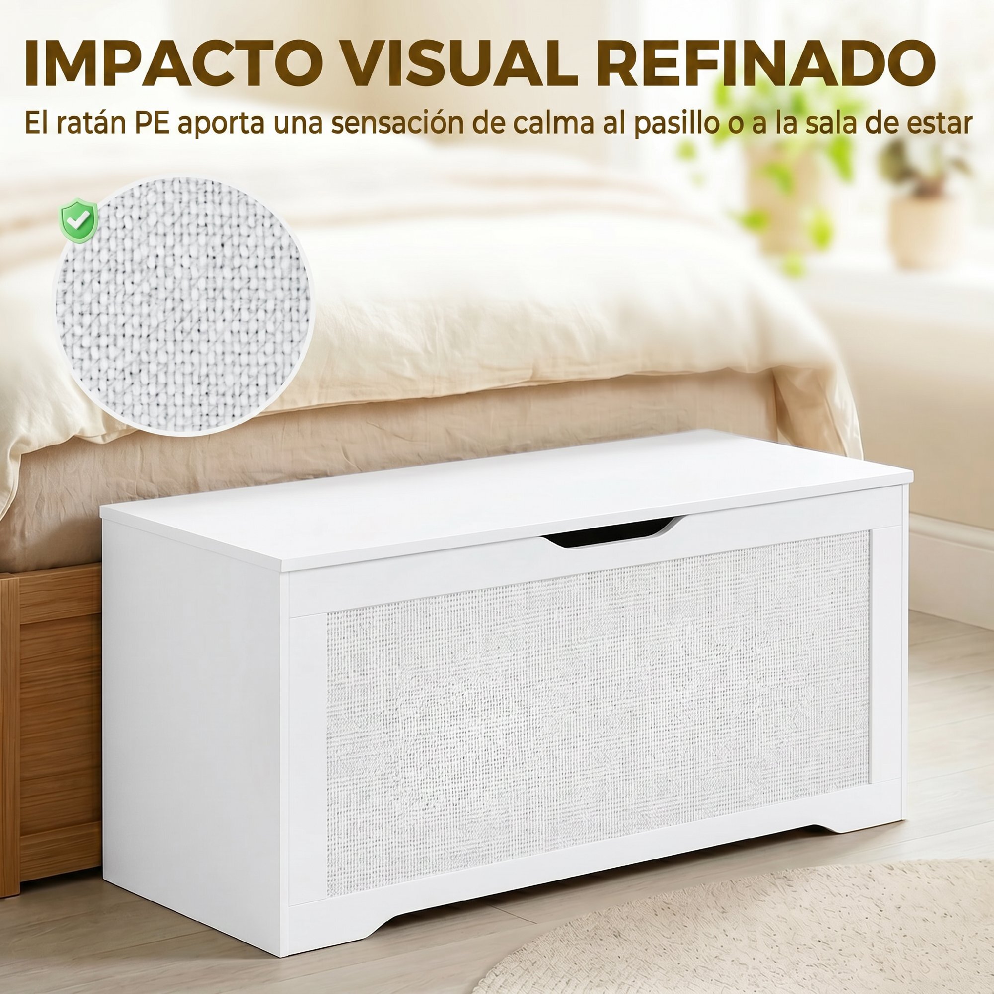 Baúl de Almacenaje 136L, Banco de Almacenaje con Panel de Ratán, Tapa Elevable, Brazos de Soporte, Diseño Sin Tiradores, para Recibidor, Pasillo, Dormitorio, Salón, 100x40x45 cm, Blanco
