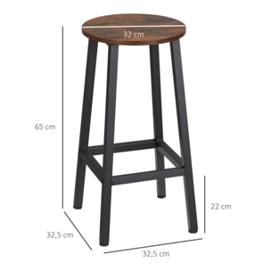 Juego de 2 Taburetes Altos de Cocina Taburetes de Bar con Patas de Acero y Reposapiés para Salón Comedor Bar Carga 75 kg 32,5x32,5x65 cm Marrón Rústico y Negro