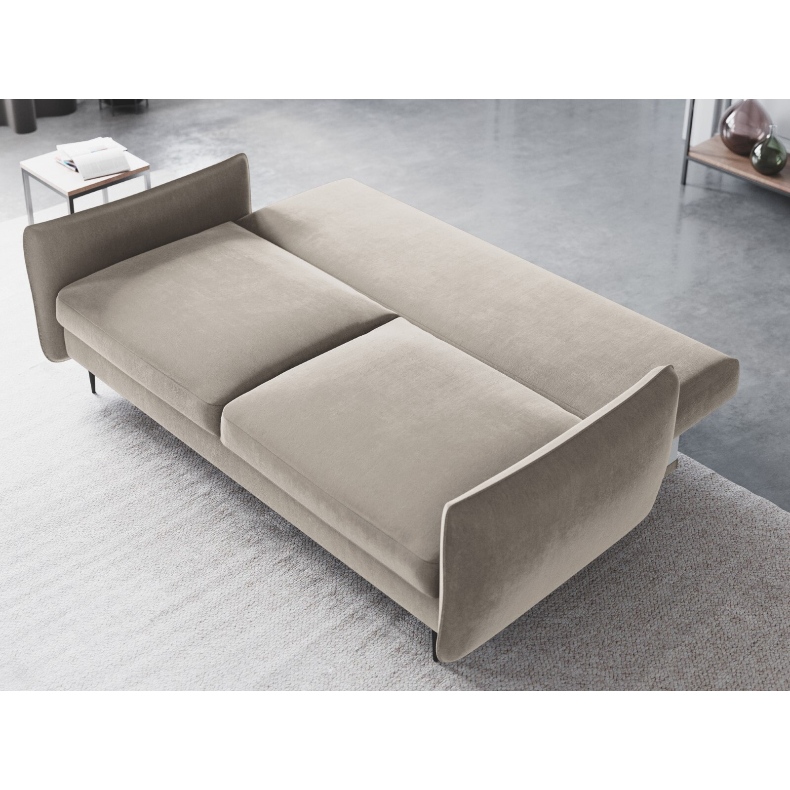 Canapé convertible avec coffre de rangement "Vermont" 3 places en velours beige clair
