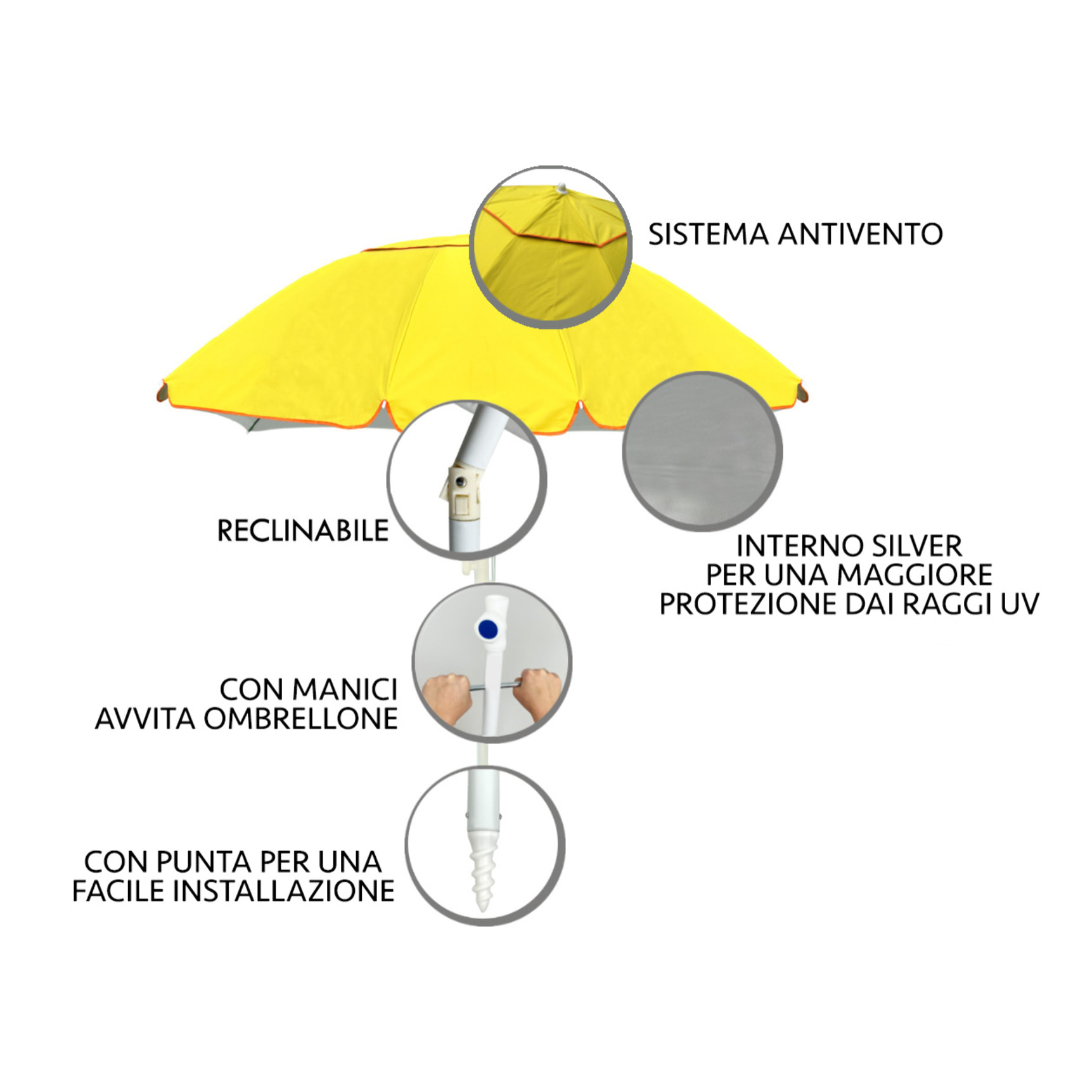 Ombrellone Spiaggia Diametro 220cm Tinta Unita Modello Caprera