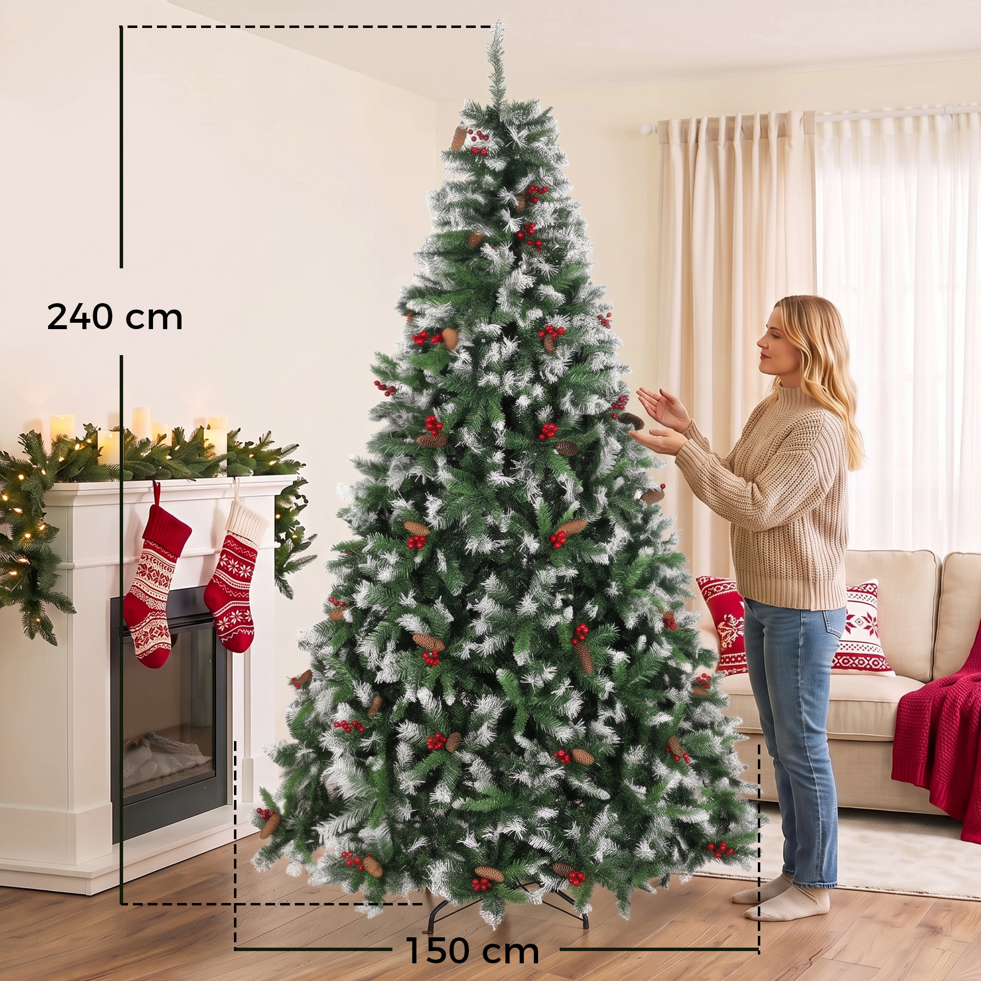 HOMCOM Árbol de Navidad 240 cm, Árbol de Navidad Artificial Nevado con 1773 Ramas, Bayas Rojas, Piñas, Base de Acero Plegable, Montaje Rápido, Decoración Navideña para Salón, Interior, Verde
