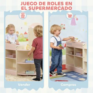 Supermercado Juguete Madera, Tienda de Comestibles con Caja Registradora, Máquina Expendedora, 3 Estantes Abiertos, 4 Compartimentos y Cajas Etiquetadas, para Niños de +3 Años, Rosa