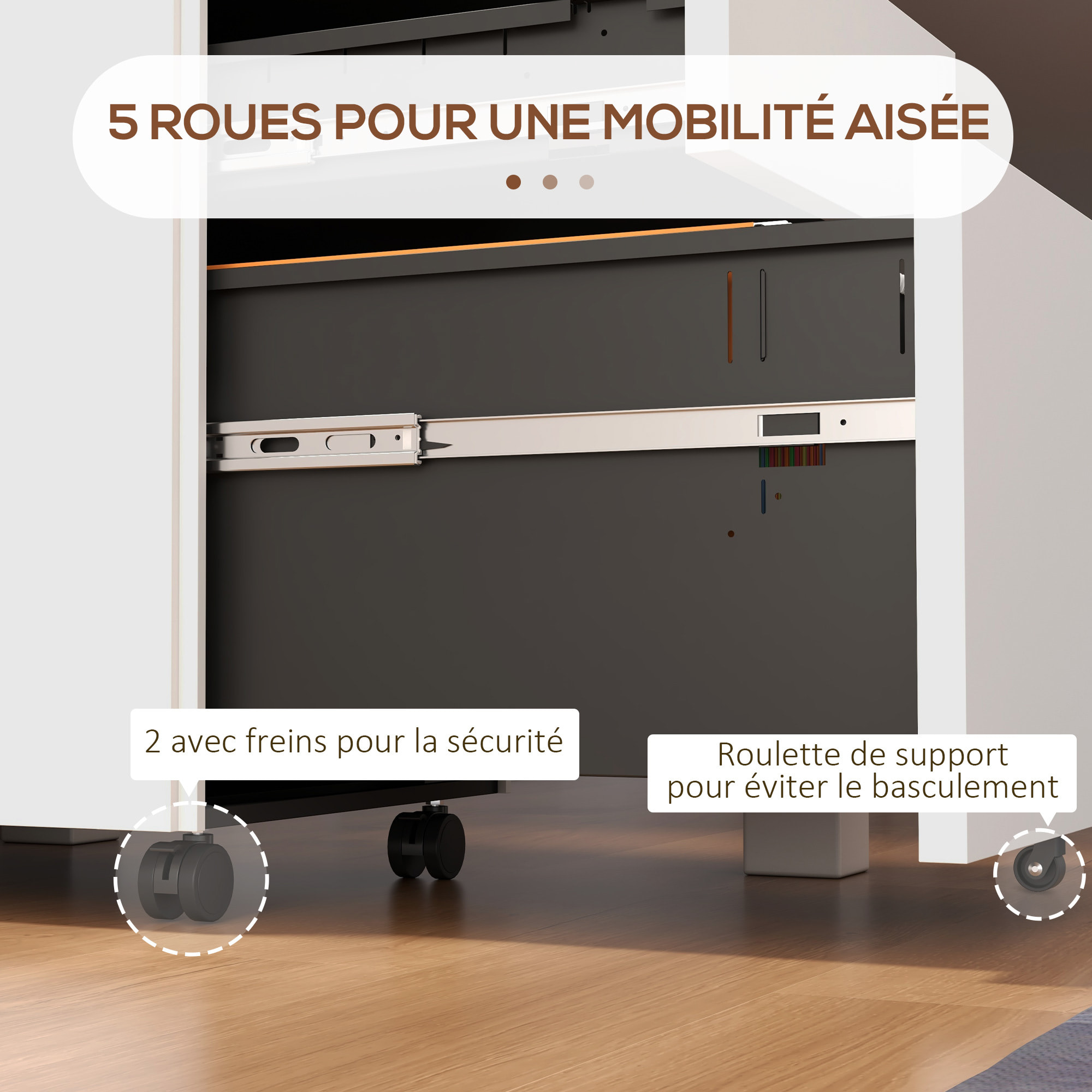 Caisson de bureau rangement bureau sur roulettes 3 tiroirs coulissants verrouillables trieur à dossiers acier blanc