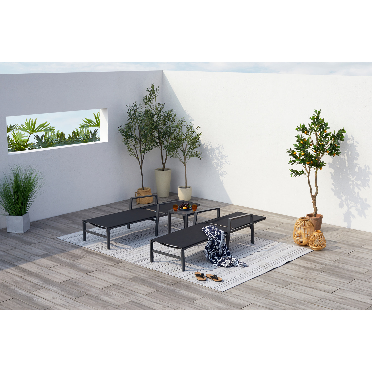 Lot de 2 transats et une table d'appoint noir SITGES