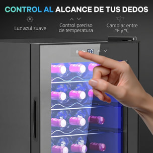 HOMCOM Vinoteca 20 Botellas, Nevera para Vinos con Compresor, Puerta de Doble Cristal Anti-UV, Temperatura 5-18°C, Pantalla Táctil, 4 Estantes Regulables, Luz LED Interior, Silenciosa 39DB, Negro
