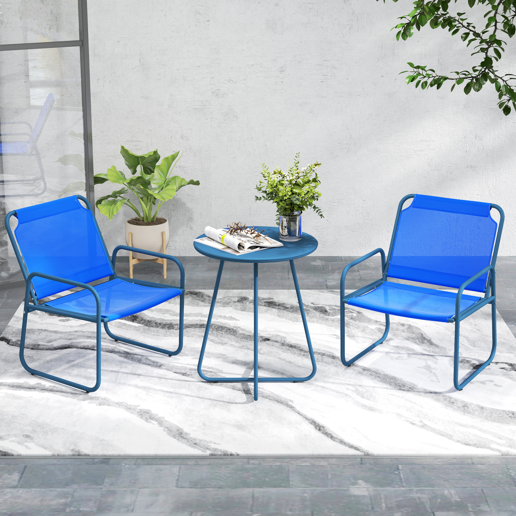 Ensemble salon de jardin 3 pcs 2 fauteuils et table ronde bleu