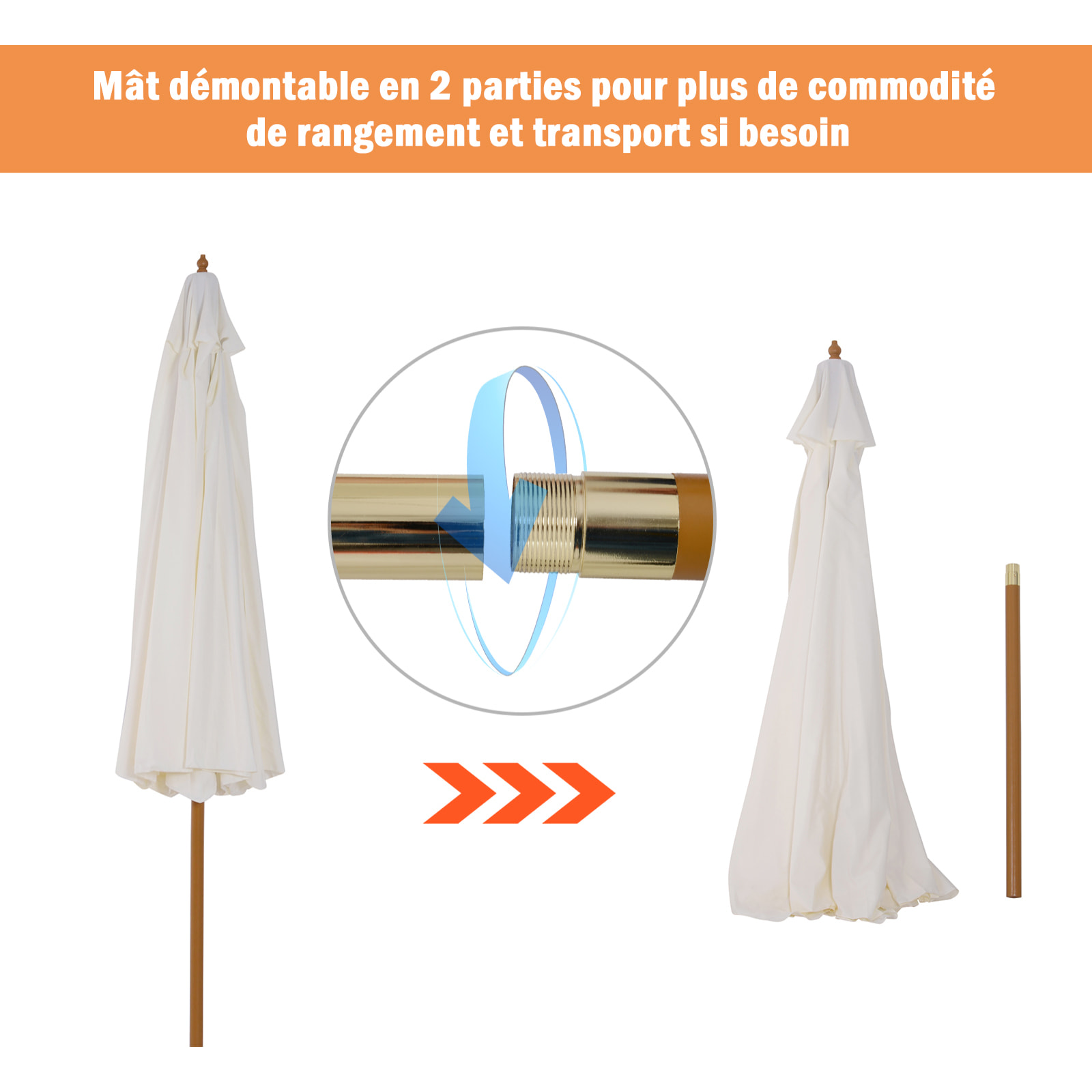 Parasol droit rond grande taille de jardin Ø 3,25 x 2,5H m bois de bambou polyester crème