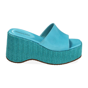 Zapatillas de raso azul claro, tacón de cuña 9 cm