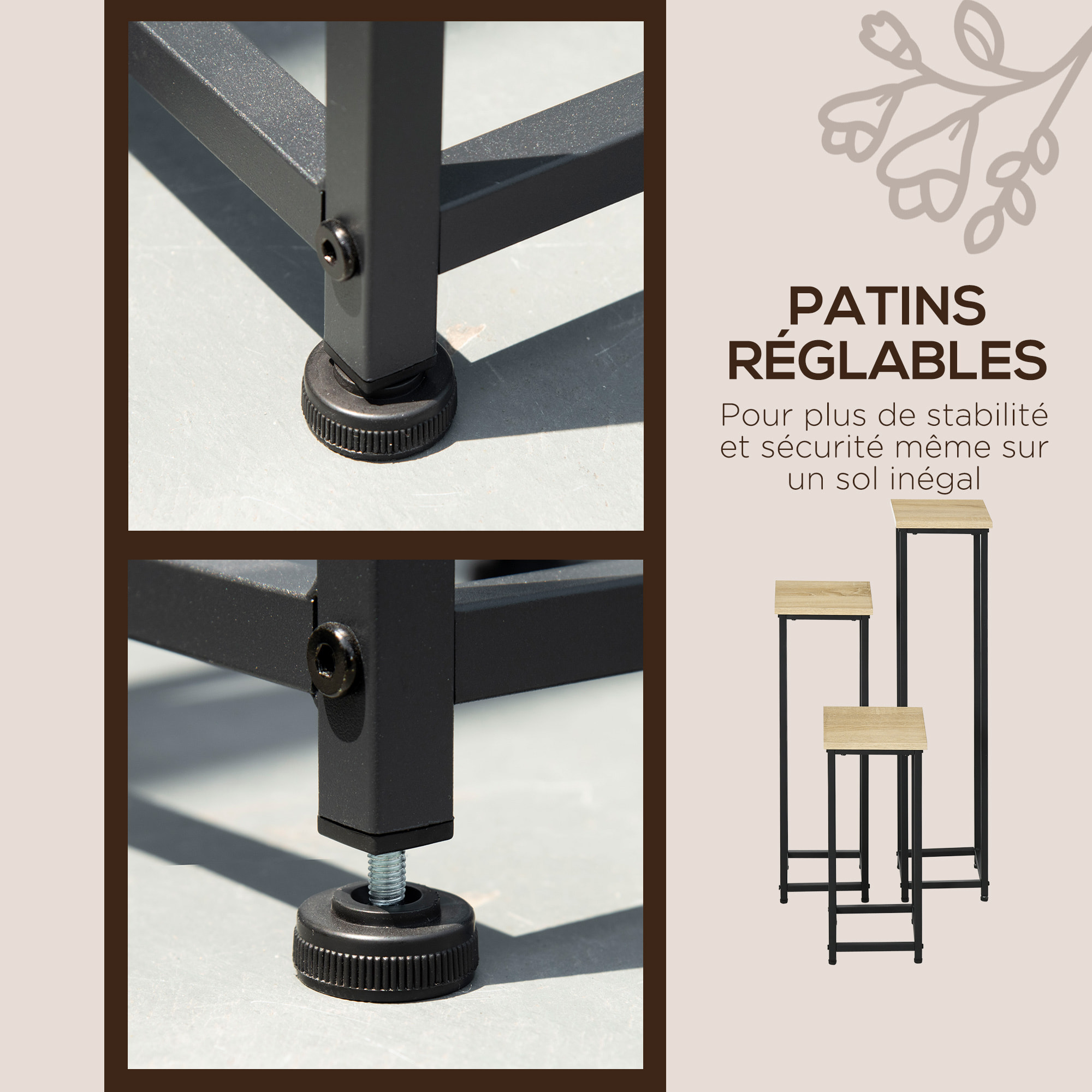 Support pots de fleurs 3 pièces - lot de 3 étagères à fleurs - portes plantes - acier époxy noir plateaux aspect bois de noyer