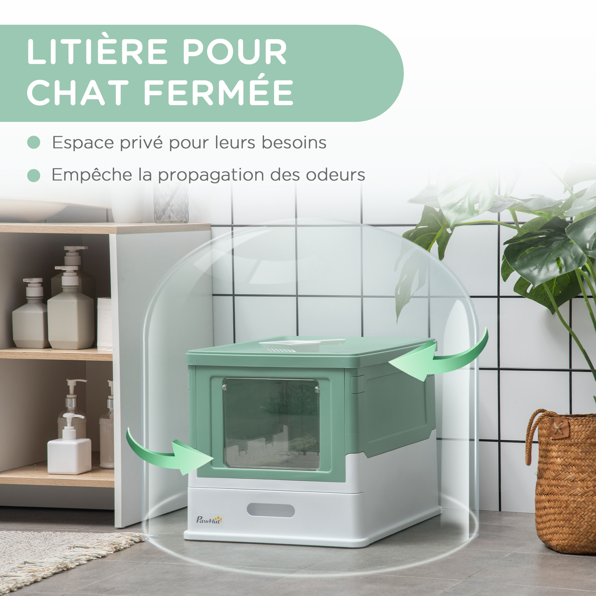 Maison de toilette pliable pour chat - tiroir à litière coulissant, porte battante et trappe transparente, pelle - blanc vert