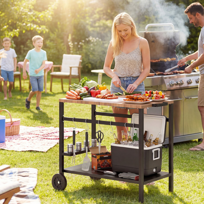 Carrito de Barbacoa de 2 Niveles Mesa Auxiliar para Barbacoa Móvil con Ruedas Portabebidas Ganchos Asa Encimera Imitación madera Mesa de Horno de Pizza para Exterior Negro y Marrón