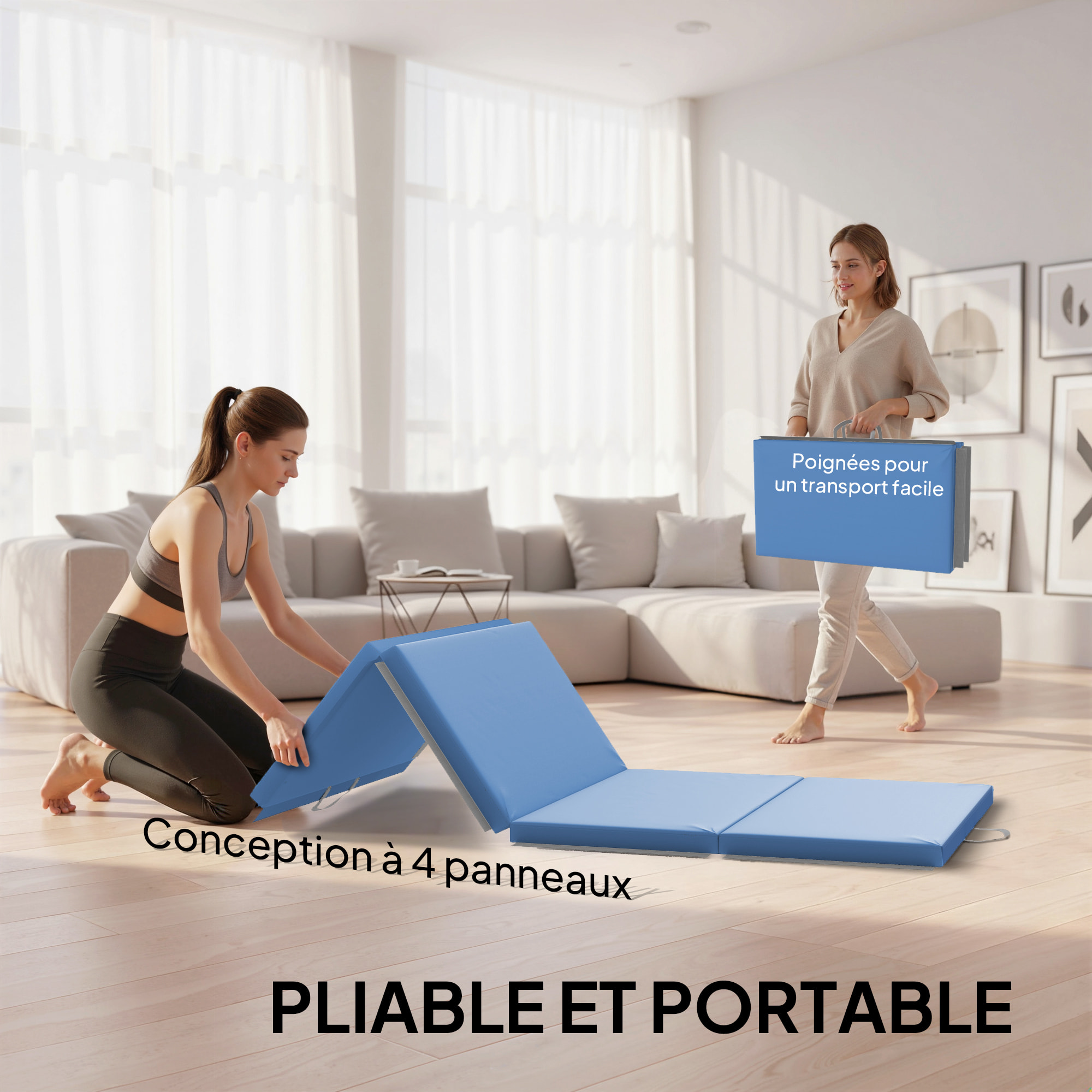 Tapis de gym yoga fitness pliable - poignée - revêtement synthétique - bleu