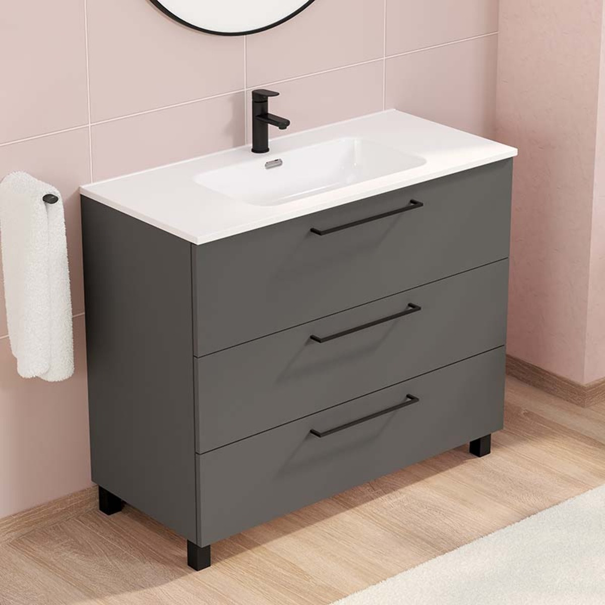 Conjunto de baño Haru | Mueble de baño con patas | 100 cm Gris Mate| Tres cajones | Lavabo encastrado | No incluye espejo | Alday