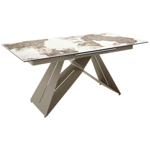 Mesa comedor extensible rectangular con tapa de mármol porcelánico blanco con vetas en tonos tierra en acabado brillo 180x90x76cm