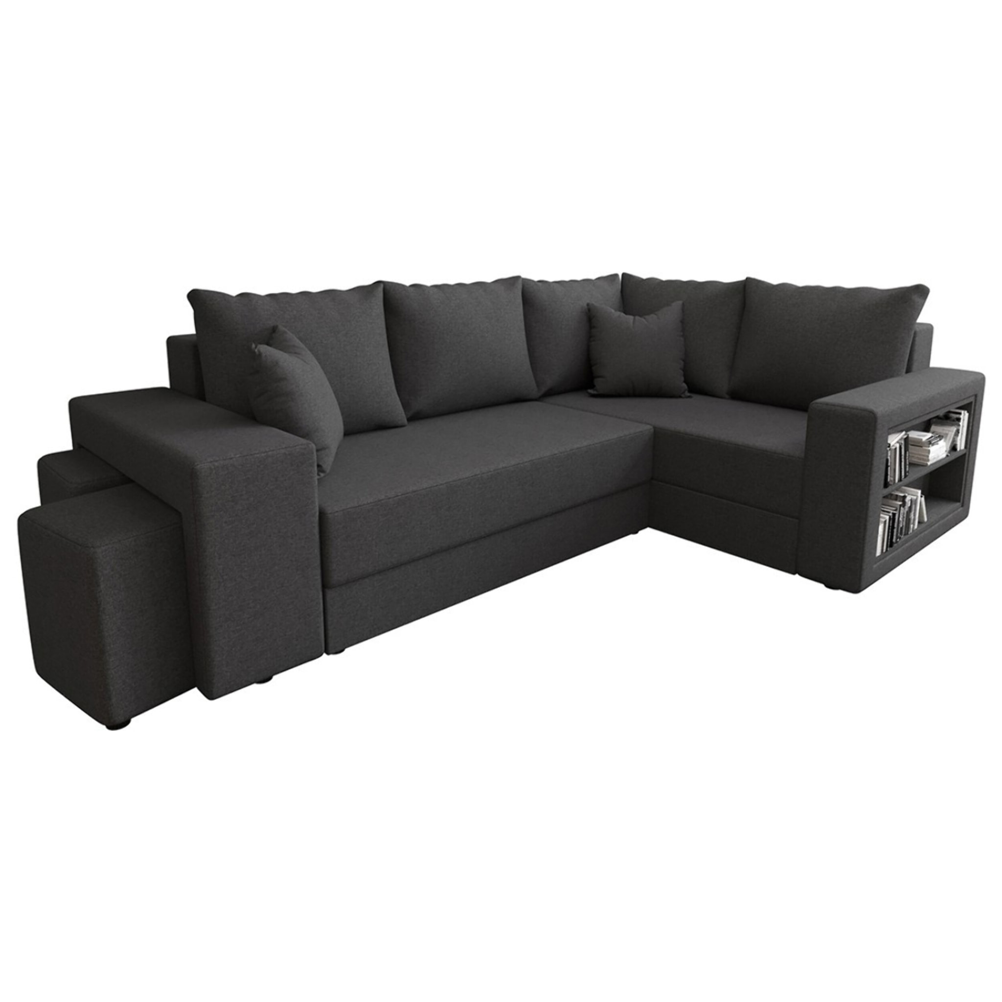 Libbie - Canapé d'angle droit 4 places convertible avec coffre, étagère et poufs en tissu - Gris Anthracite