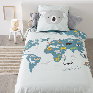 Parure de lit enfant "Carte du monde" - coton 140x200 cm