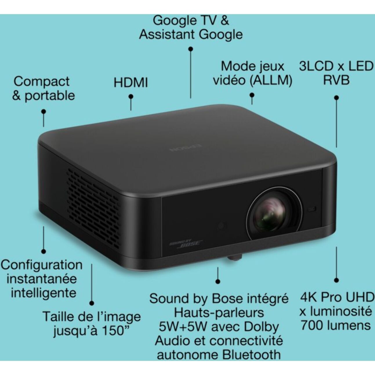 Vidéoprojecteur portable EPSON EF-62B 2025, son signé Bose