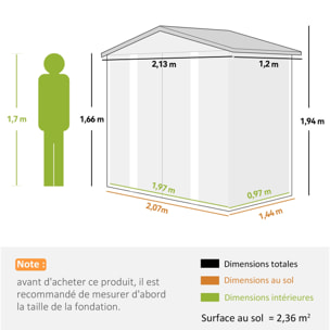 Abri de jardin métal cabanon 2,36m² dim. 213x 120x 166/194Hcm - 2 portes, cadenas, clé, gants inclus - acier effet bois taupe