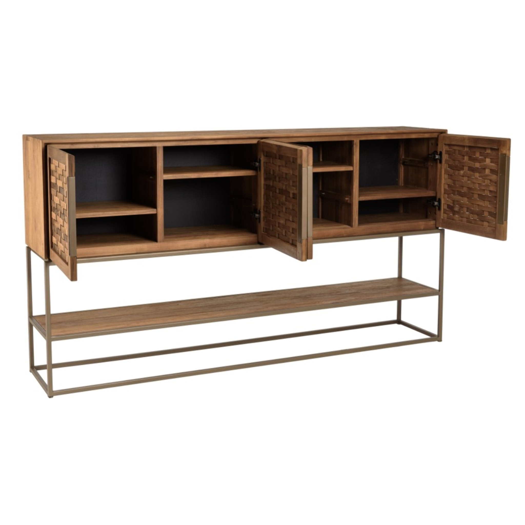 SIXTINE - Buffet en bois de teck recyclé 4 portes en tissage de bambou