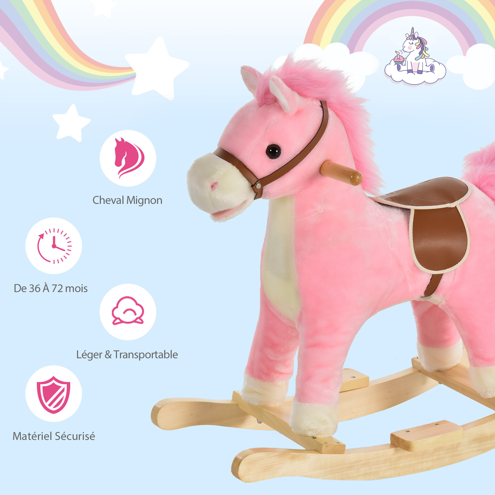 Cheval à bascule selle grand confort peluche courte douce bois peuplier rose dim. 65L x 32,5l x 61H cm