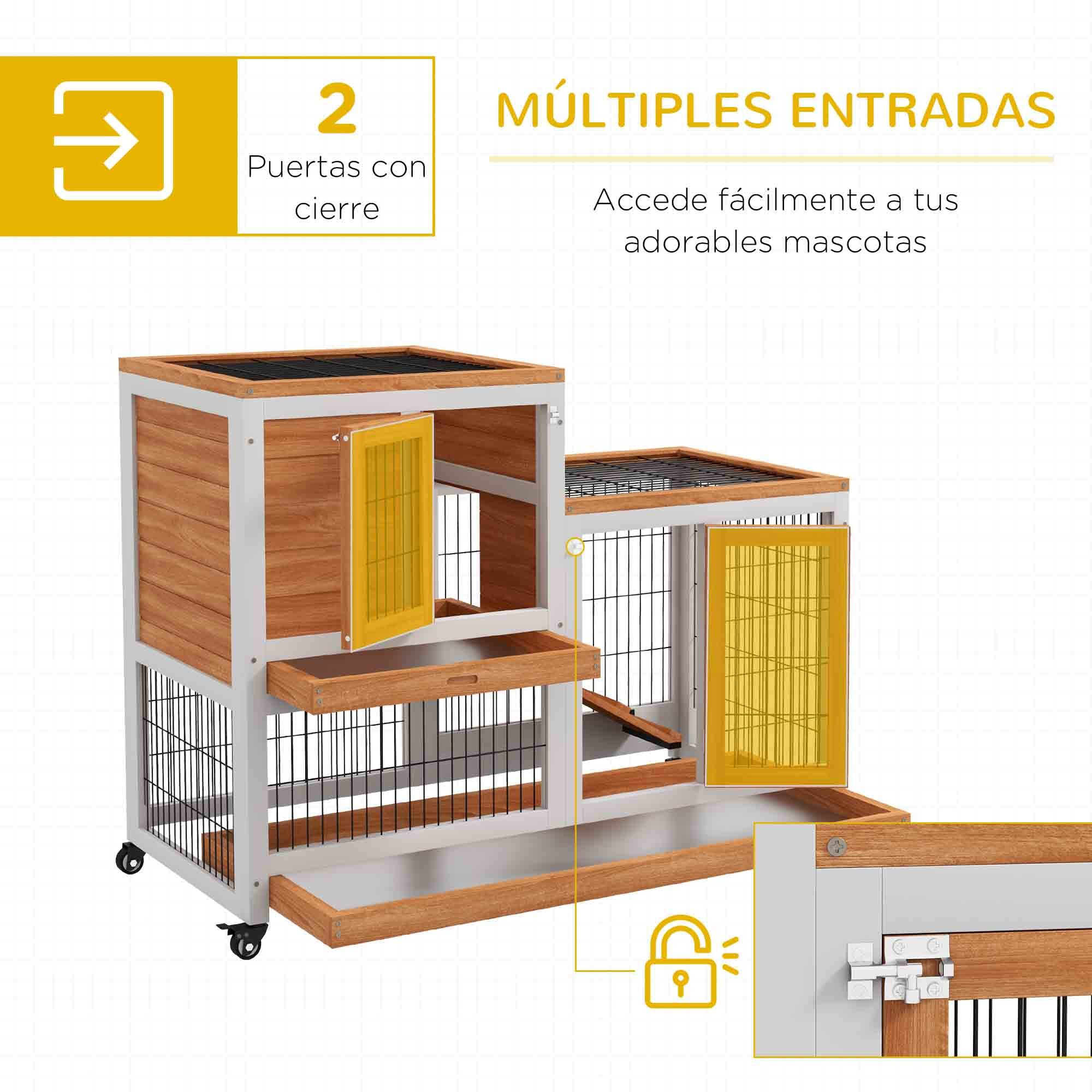 Conejera de Madera de 2 Niveles Jaula para Conejos con Ruedas Puertas Zona Abierta Rampa y 2 Bandejas Extraíbles Conejera para Interior 110x50x88 cm Natural y Blanco