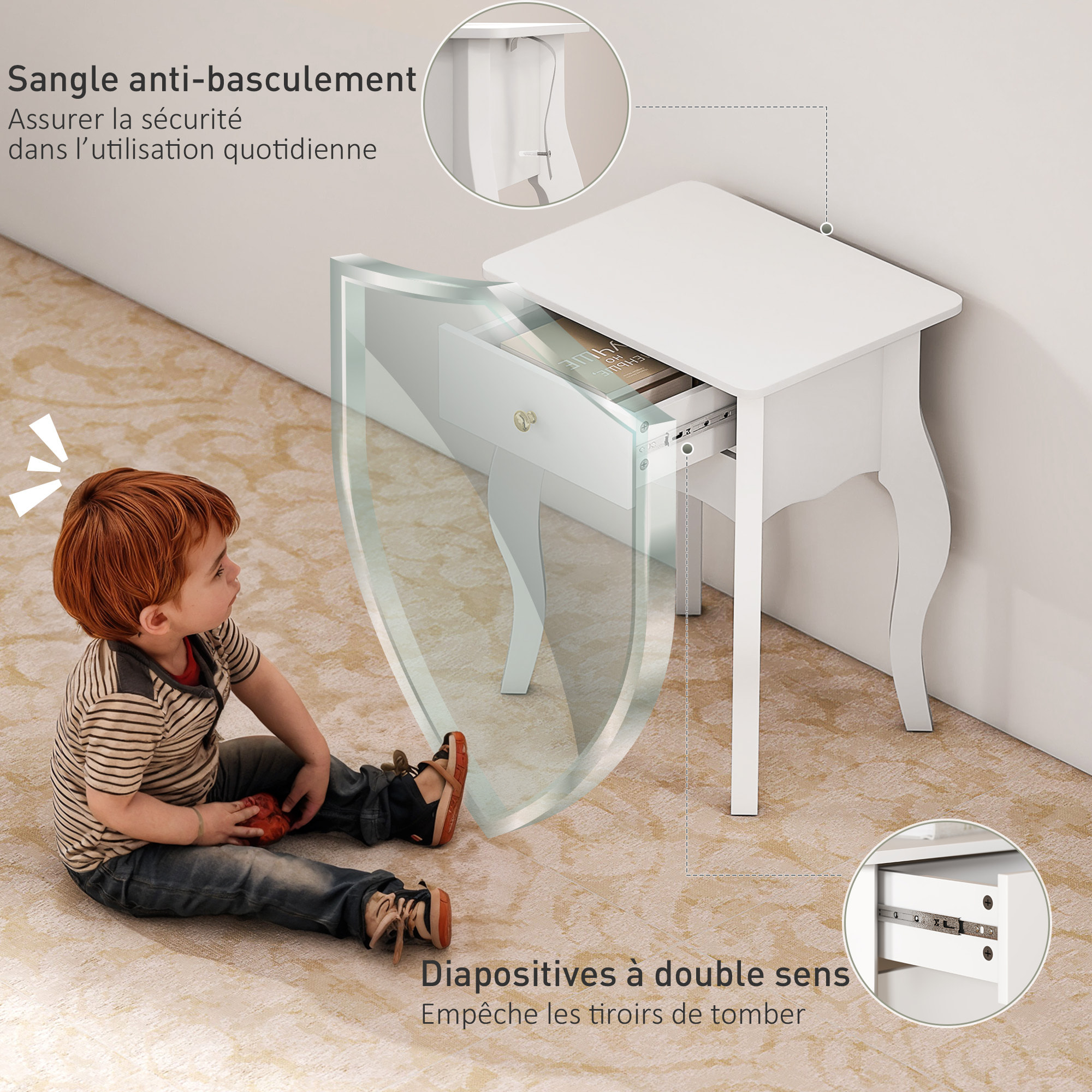 Lot de 2 tables d'appoint, bout de canapé avec pieds courbés, tiroir et plateau spacieux, table basse pour salon, chambre, 45 x 35 x 55 cm, blanc
