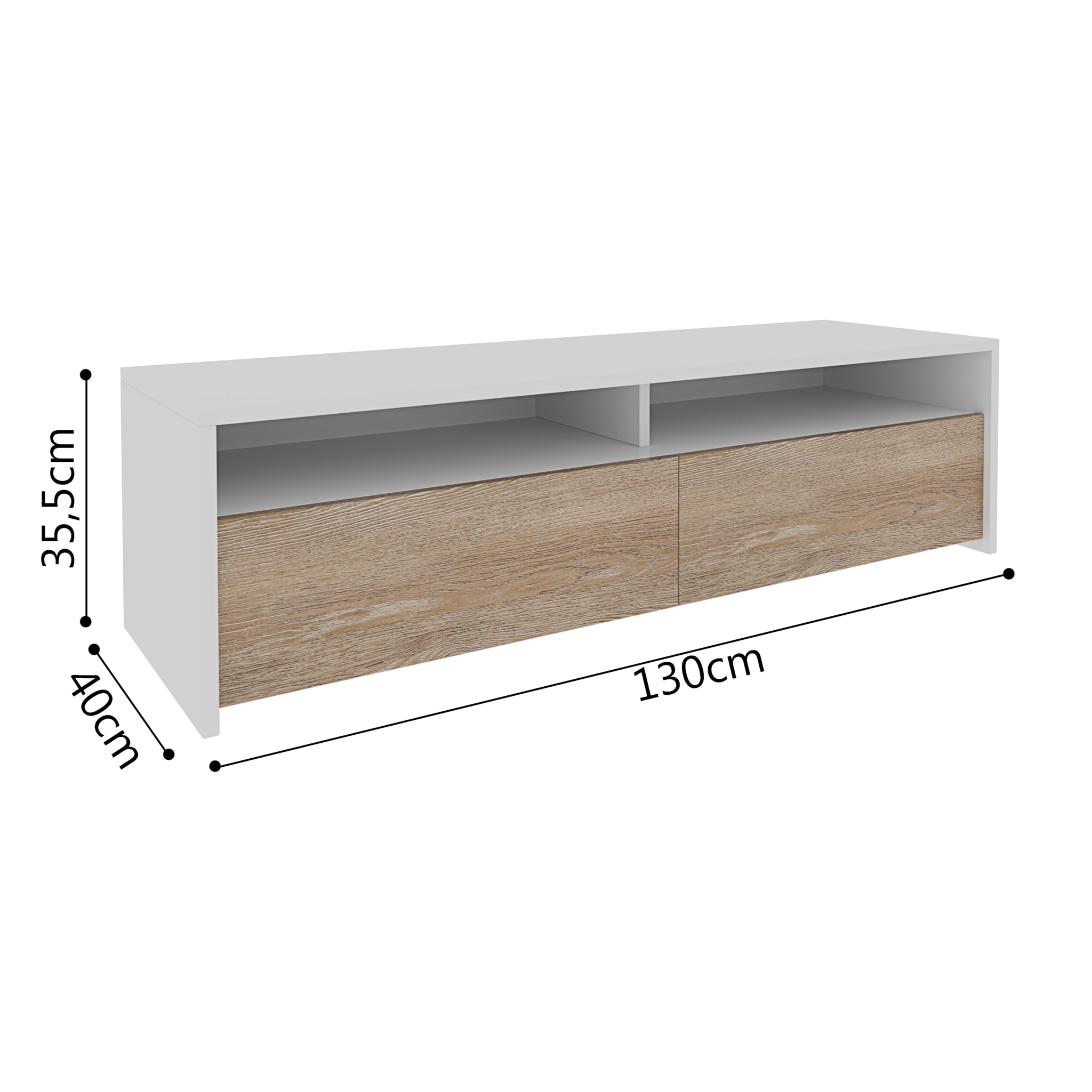 Mobile Porta TV Moderno Parete Attrezzata Con 2 Ante E 2 Vani A Giorno Mobiletto Salvaspazio Da Terra Per Televisione 130 x 40 x 35 Cm Bianco E Rovere