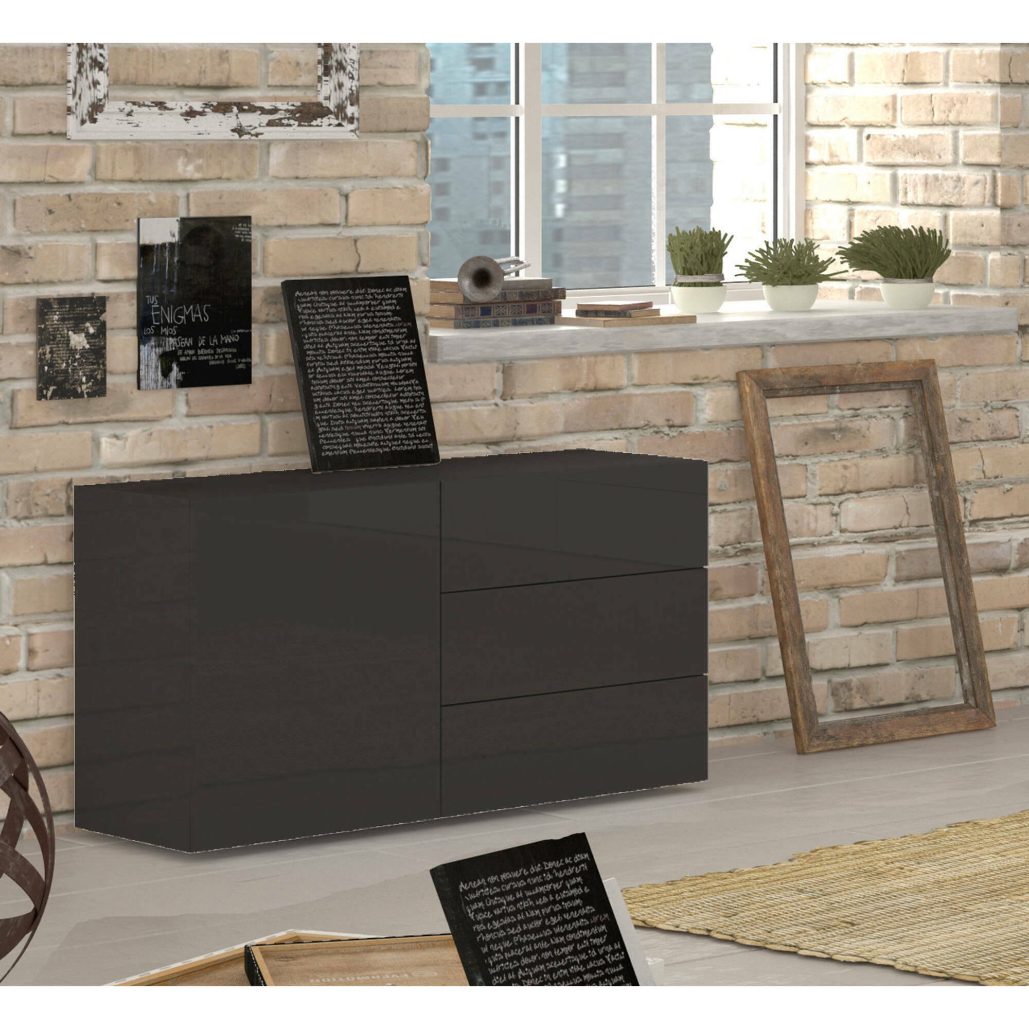 Credenza moderna a 1 anta e 3 cassetti, Made in Italy, Madia da cucina, Buffet di design da soggiorno, cm 110x40h35, colore Antracite lucido