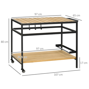 Desserte de jardin chariot pour plancha barbecue en bois et métal avec 2 étagères et 3 crochets - 107 x 65 x 80 cm noir naturel