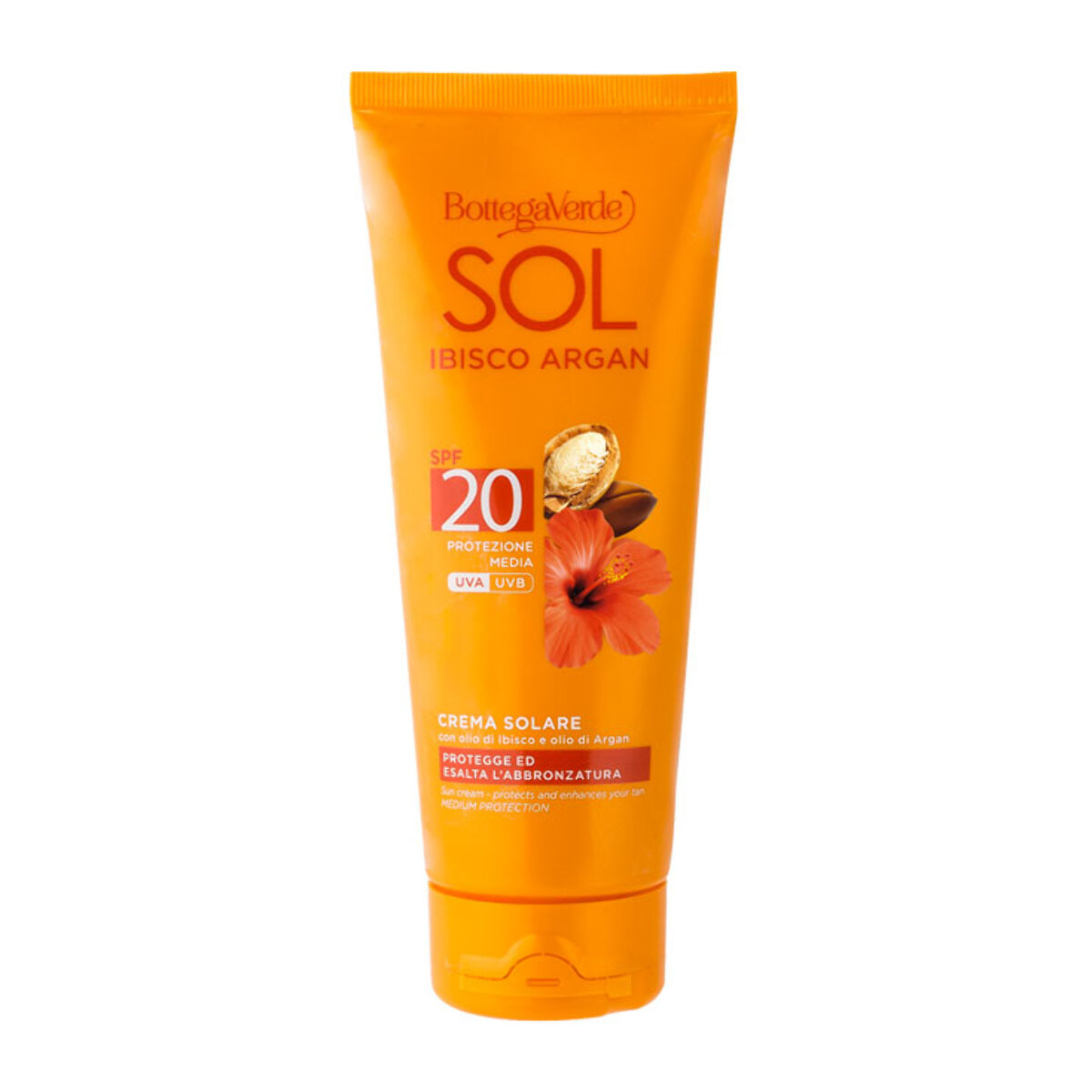 SOL Ibisco Argan - Crema solare - protegge ed esalta l'abbronzatura - con olio di Ibisco e olio di Argan - protezione media SPF20