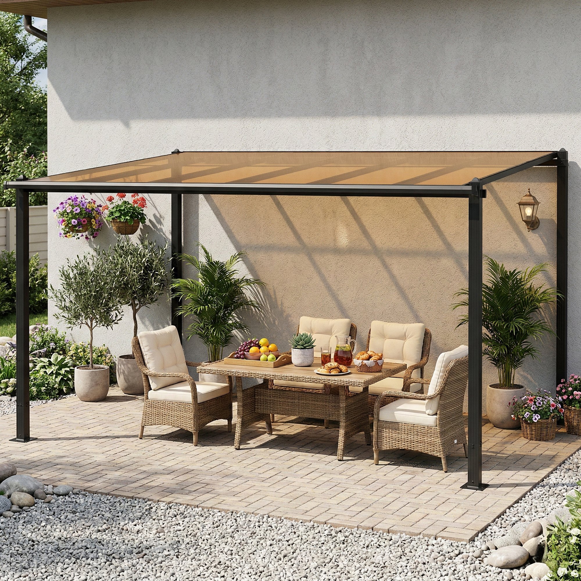 Pergola adossée alu polycarbonate 3,8 x 3 m gouttières intégrées