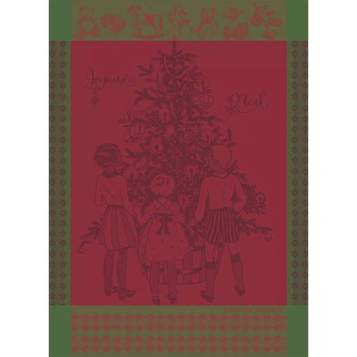 Torchon pur coton motif jacquard vert rouge Noel d'enfance houx