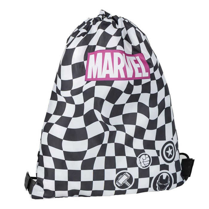 Saquito escolar marvel, mochila de cuerdas unisex niños, blanco y negro