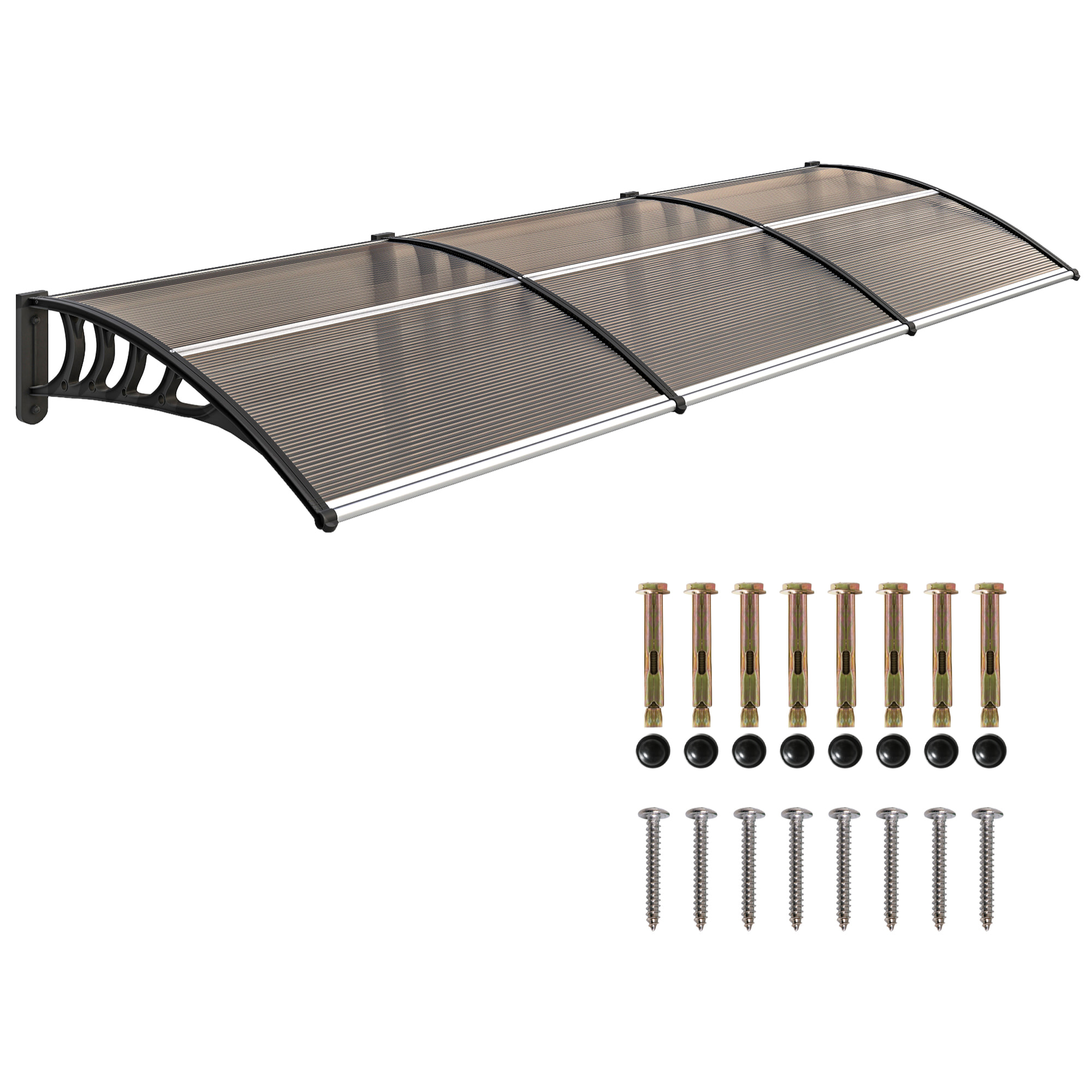 Marquesinas Exterior para Puertas y Ventanas, 303x96 cm, Tejadillo de Protección contra Sol y Lluvia, con Cubierta de Policarbonato, Soportes de PP y Regleta de Aluminio, Marrón