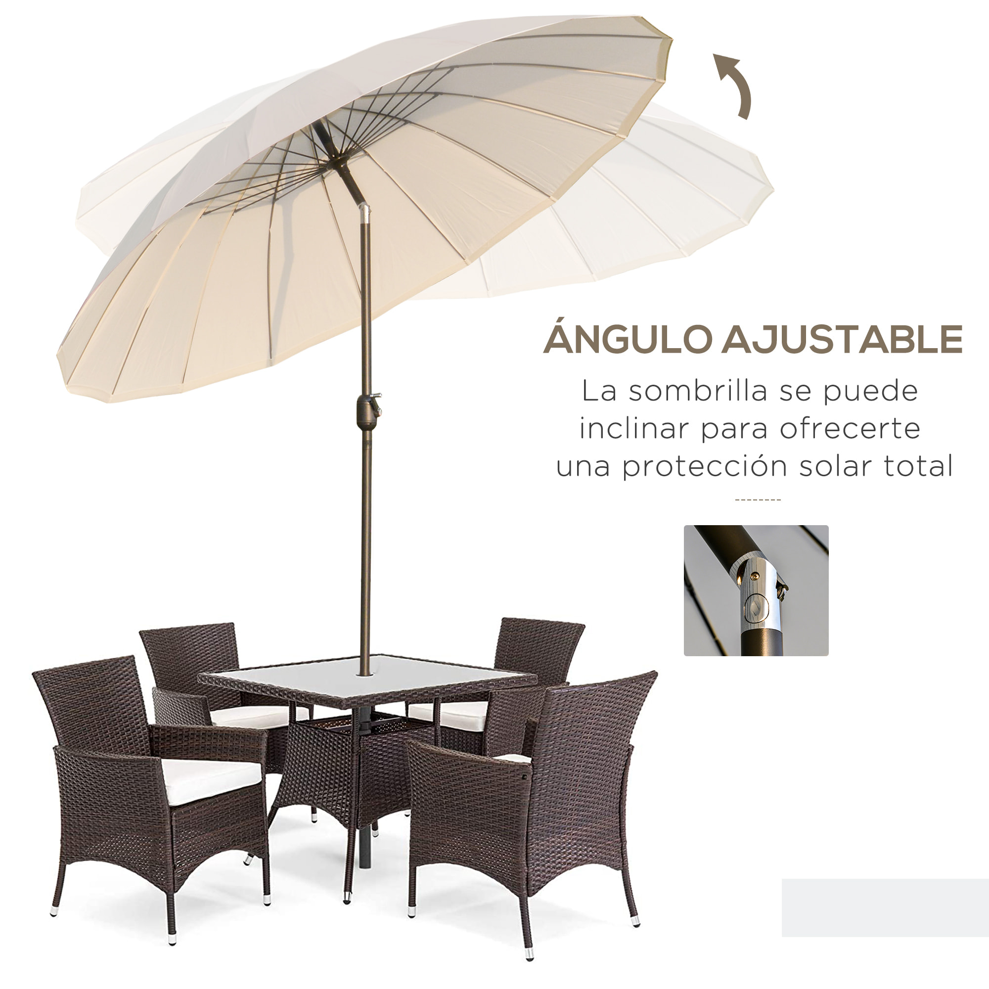 Sombrilla de Jardín Ø250x240 cm con Manivela Parasol Exterior con Mecanismo de Inclinación y Poste Desmontable de Metal para Terraza Piscina Patio Crema