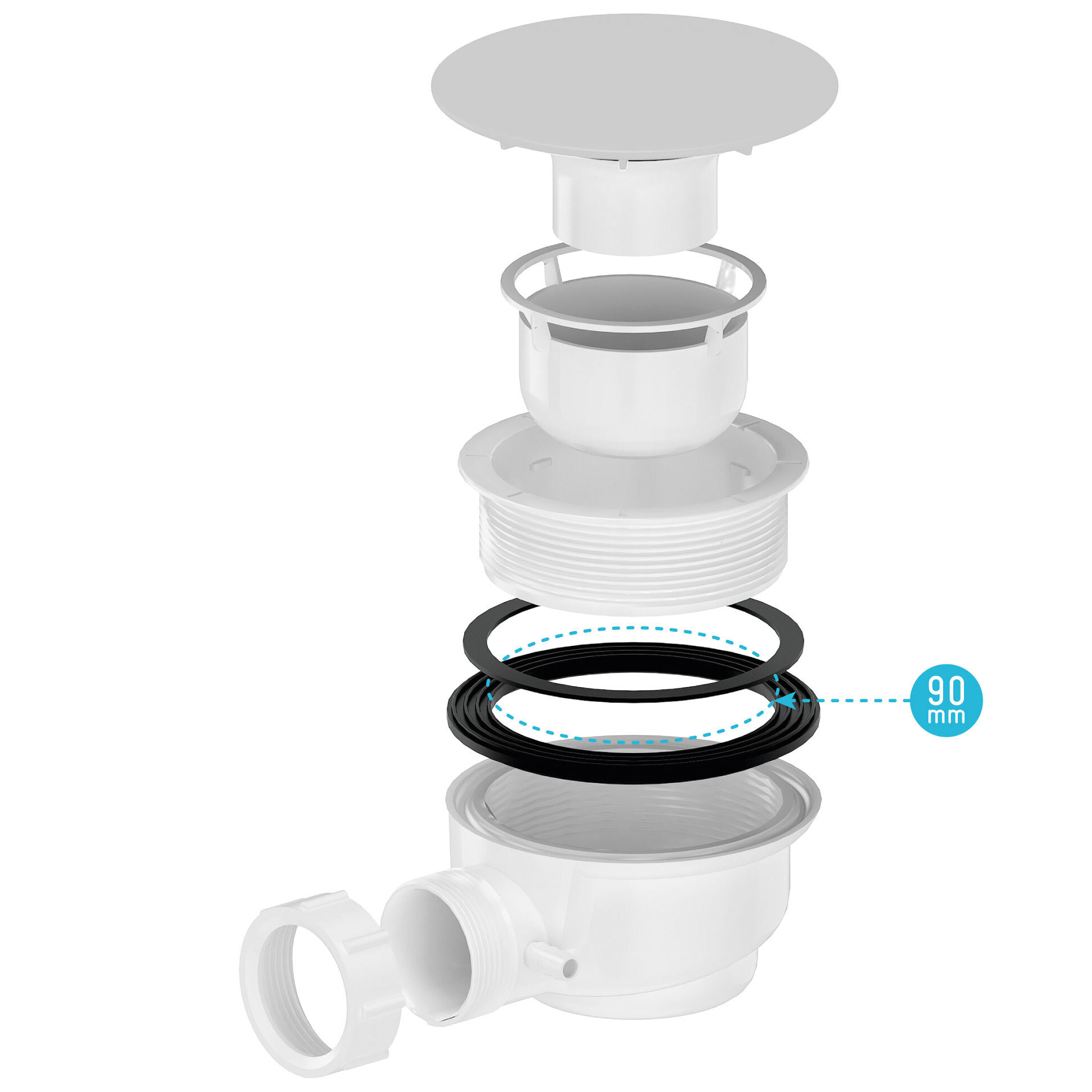 Bonde de Receveur Diamètre 90 mm - Capot blanc mat - Evacuation Horizontale
