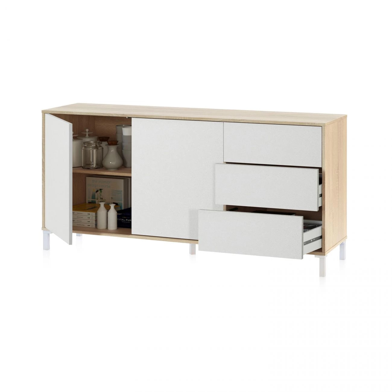 Aparador con gran espacio de almacenamiento en blanco mate y roble canadian 154 cm Lea Blanco Artik (Blanco Mate) - Roble Canadian