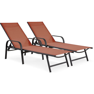 Lot de 2 bains de soleil en métal avec accoudoirs "Farniente"- Terracotta