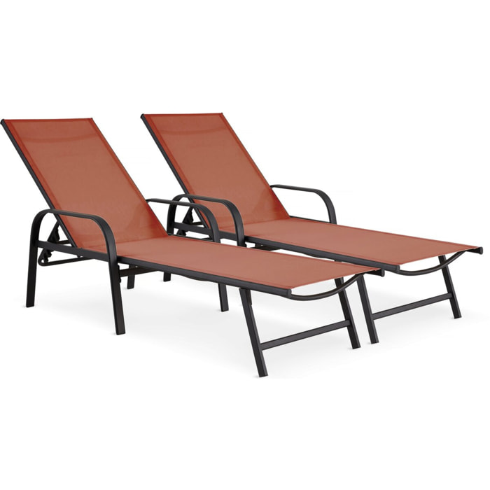 Lot de 2 bains de soleil en métal avec accoudoirs "Farniente"- Terracotta
