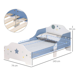 Cama para Niños de +3 Años 143x74x59 cm Cama Infantil de Madera con Estampado con Estrellas Carga 50 kg para Dormitorio Azul y Blanco