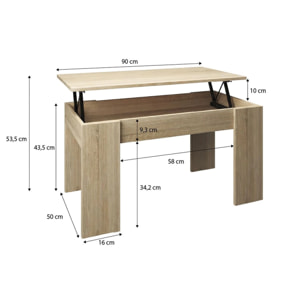 Mesa de centro elevable con almacenaje en roble canadian 90x43-53 cm Norak Roble Canadian