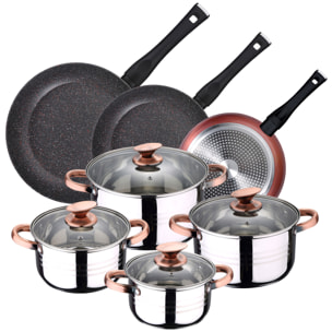 PACK DE 3 SARTENES Ø20/24 y 28 cms + BATERÍA DE COCINA 8PC EN ACERO INOXIDABLE