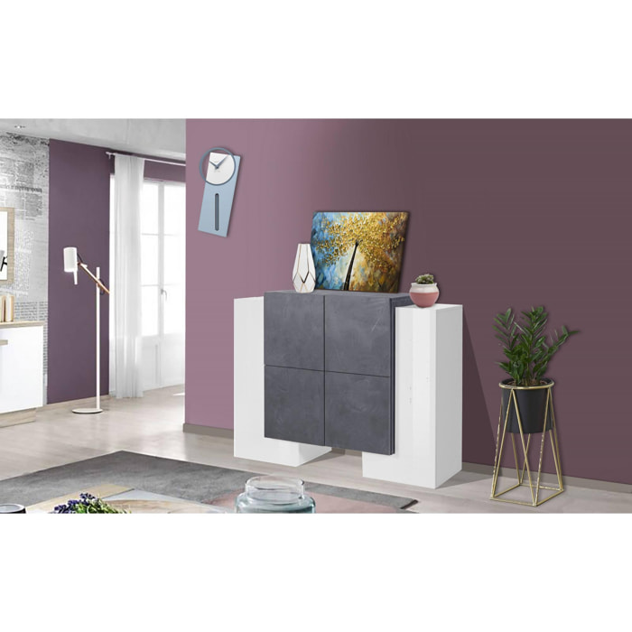 Credenza moderna di design a 6 antine battenti, Made in Italy, Buffet da cucina, Madia con scaffali da cucina, cm 130x45h100, colore Bianco lucido e Grigio Cenere