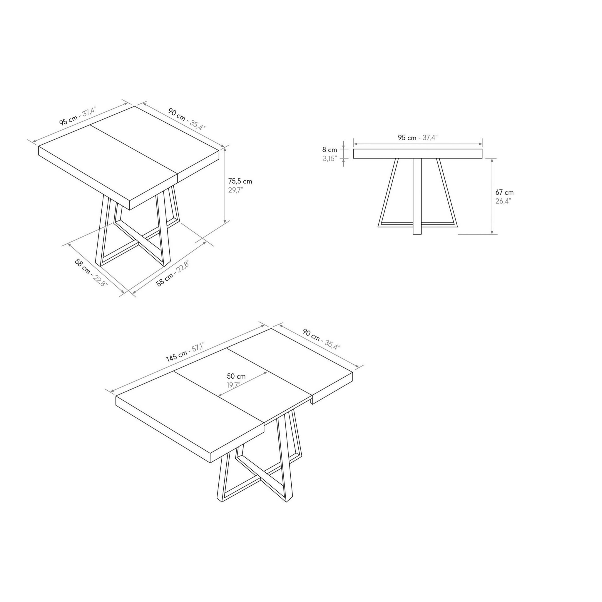Tavolo FORTE DEI MARMI in legno, finitura grigio cemento e base a X in metallo antracite, allungabile 95x90 cm - 145 x 90 cm